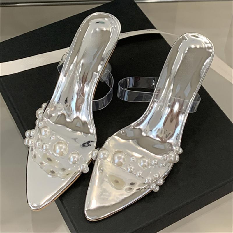 Eilyken New Summer Pointed Toe Crystal High Heels Women Slippers PVC Transparent Pearl Banquet Party Slide Shoes