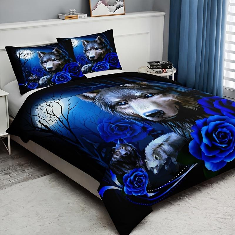 Mode Bettbezug-Set Wolf Blau Rose Druck Bettwäsche-Set Weicher Atmungsaktiver Bettbezug Für Schlafzimmer Gästezimmer Dekor+2*Kissenbezug