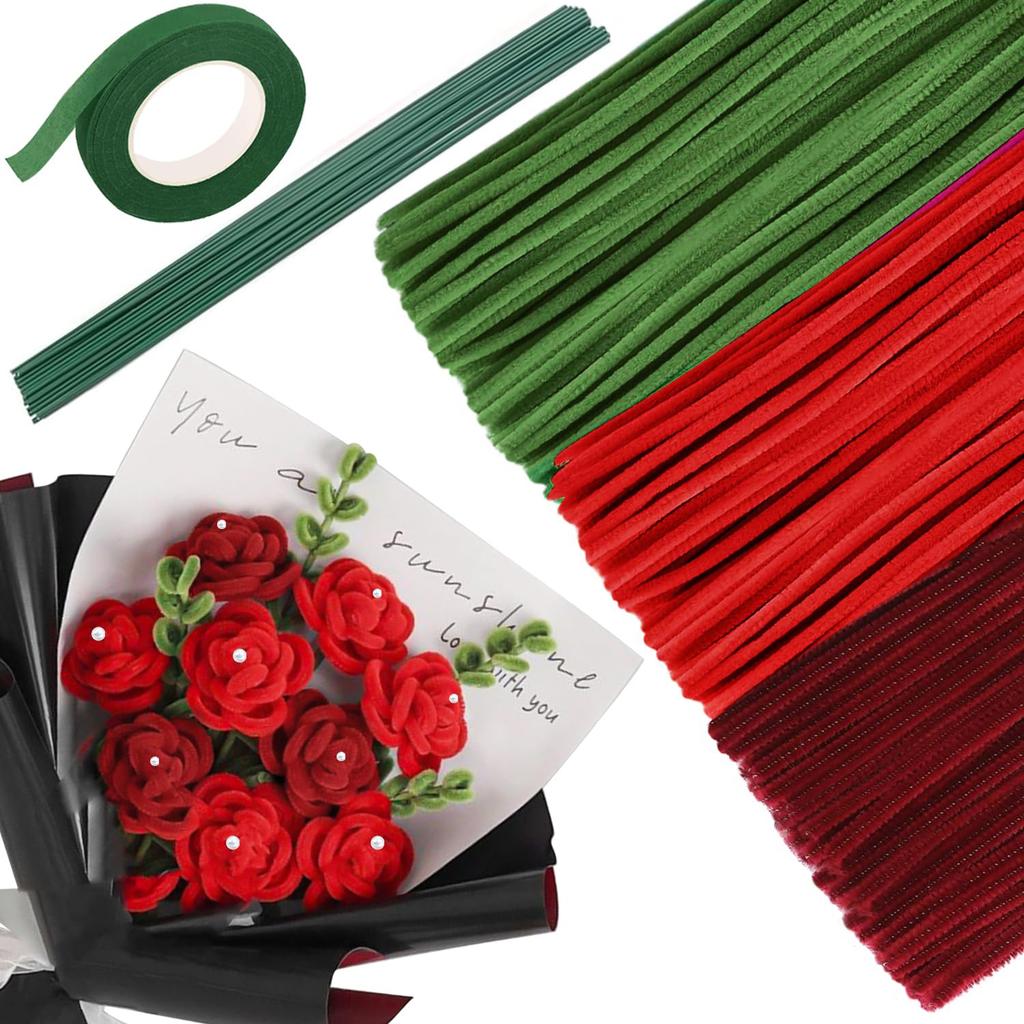 321 Pieces Red Green Pipe Cleaners Craft Flower Making Kit, Chenille Stemswith Floral Wires, Floral Tape for Bouquet DIY Art