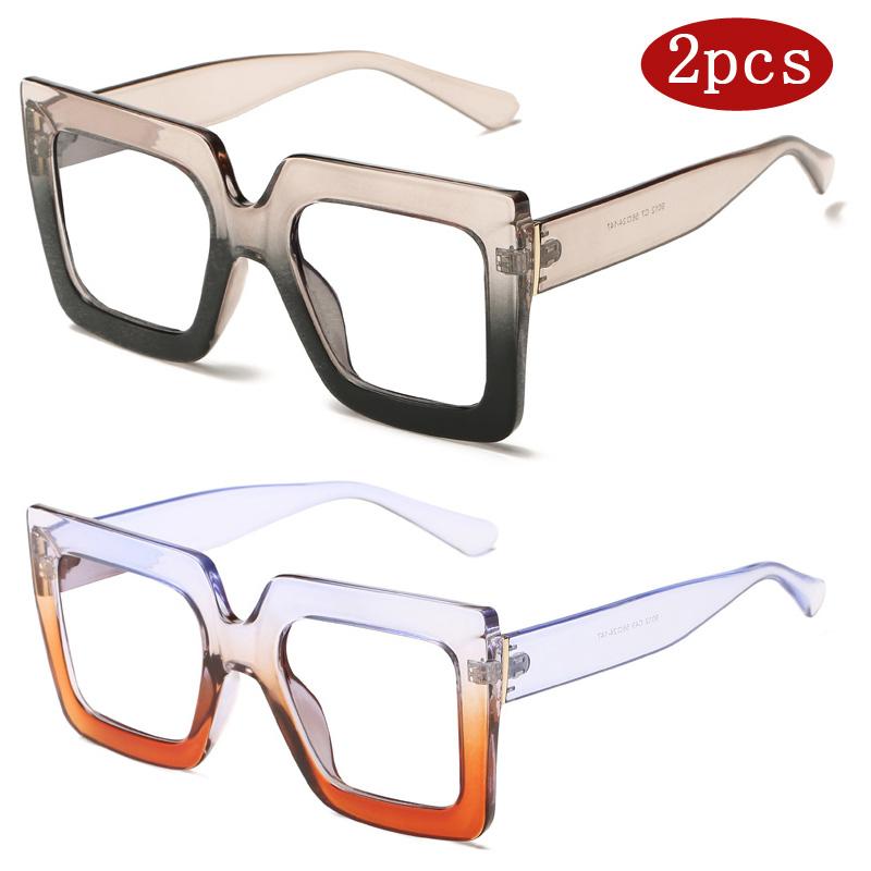 2pcs High Quality Women Classic Square Classic Large Frame Flat Glasses Fashion Men Colorful Design Sun Glasses Retro Glasses