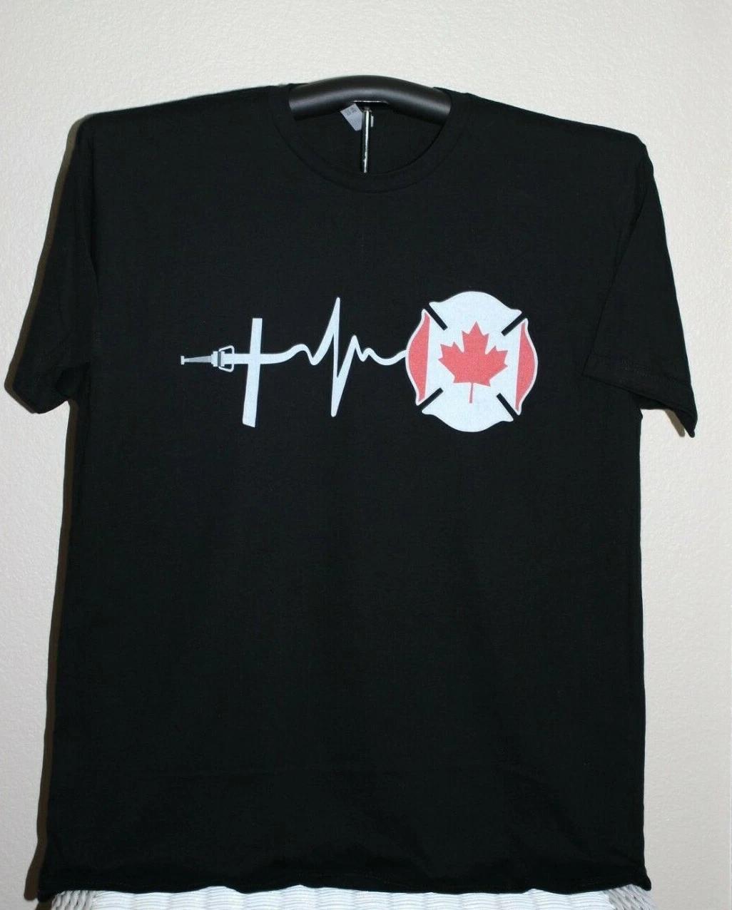 Heartbeat/ Pulse of firefighter and Canada - Graphic T-Shirt XL, Black 2XL