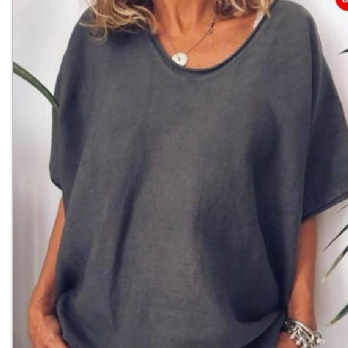 

Летняя однотонная свободная футболка с коротким рукавом в стиле кэжуал из хлопка и льна для женщин 5XL