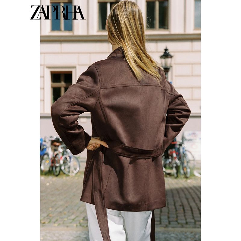 Zaprha 2025 Autumn New Women With Belt Suede Effect Lapel Long Sleeve Jacket 4968221