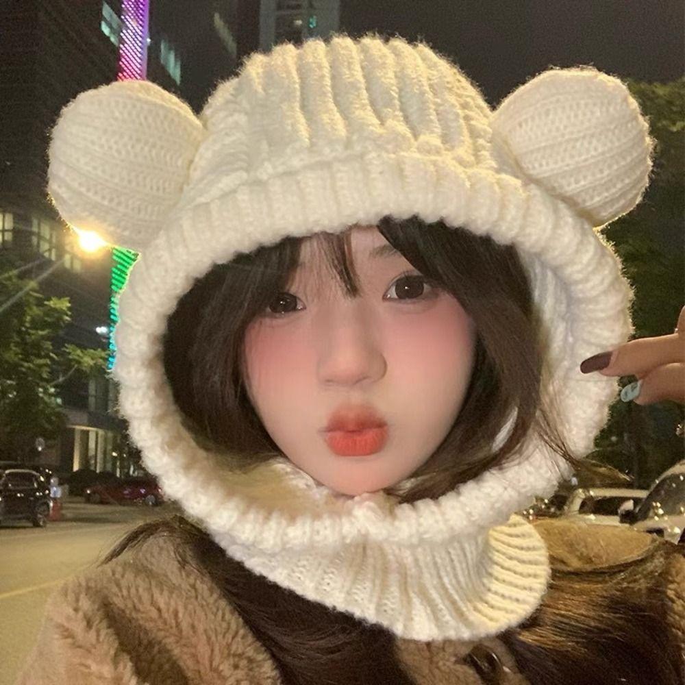 Knitted Integrated Cap Scarf Little Bear Ear Beanie Hat Scarf Skiing Bicycle Cycling