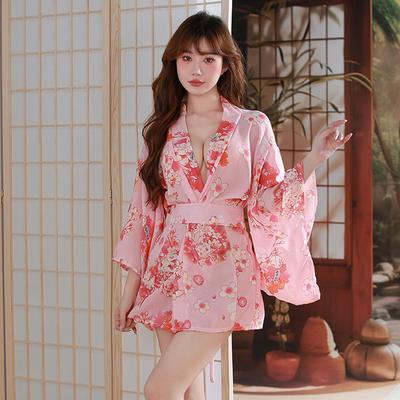 Sexy Underwear Japanese Printed Loungewear Sexy Temptation Open Placket Pink Uniform Women's Hollow Perspective Bathrobe