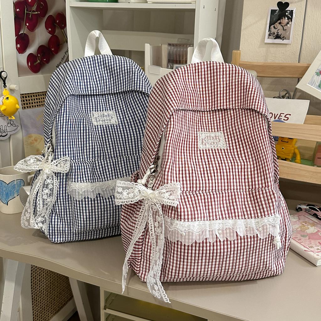 Schoolbag Milk Huhu Plaid Lace Backpack Girl Heart Travel Small Backpack Japanese Sweet Wind Student Party School Bag