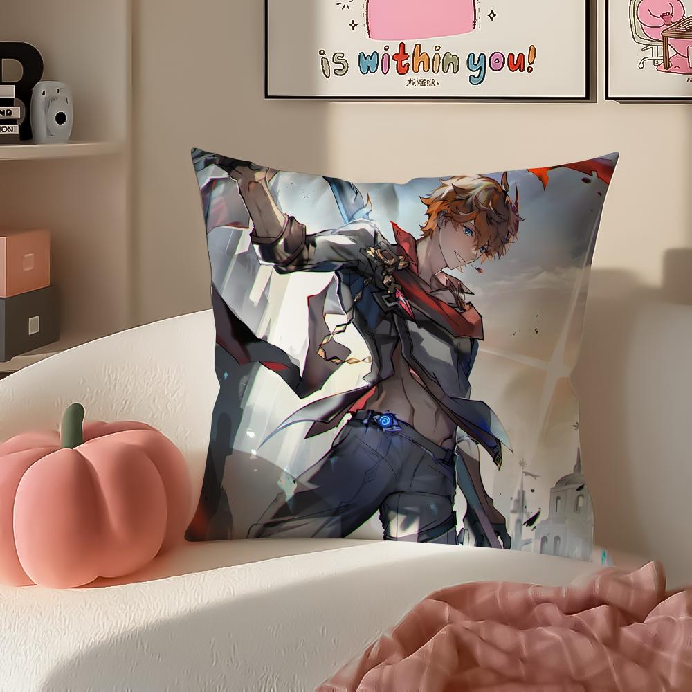 Game Genshin Tartaglia Cushion Cover Pillowcase Short Plush Invisible Zipper Room Sofa Cushion Cover