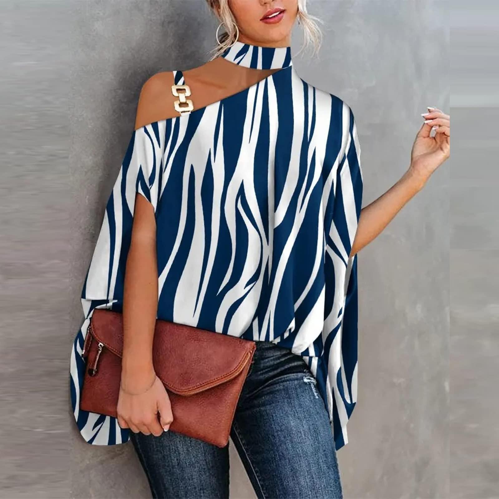 

Жіночі повсякденні сорочки на одне плече з штучним коміром і квітковим принтом Модні вільні футболки XXL