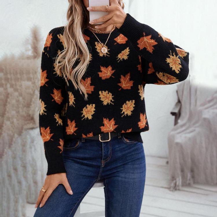 Lockerer Strickpullover Vintage Print Langarm Rundhalsausschnitt für Herbst Winter Pullover