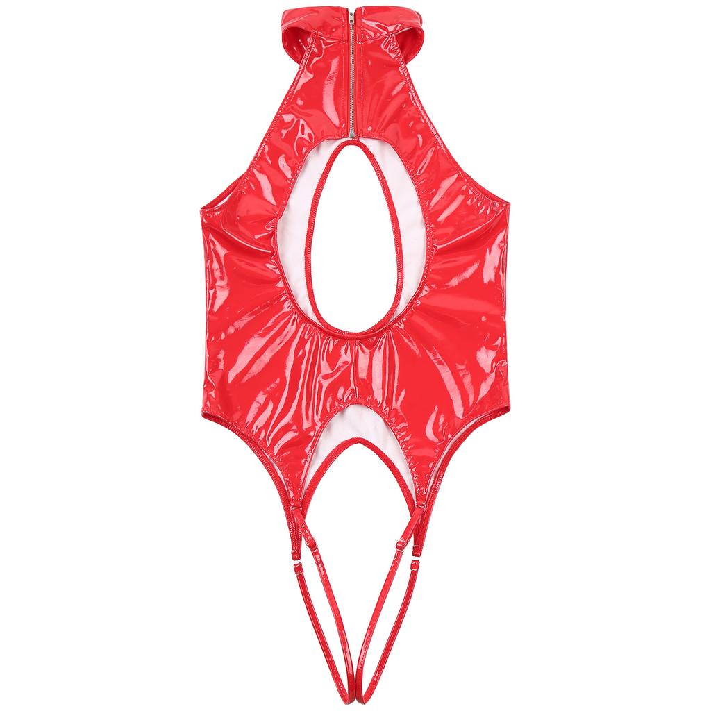 Women Latex Clubwear Nightclub Pole Dance Costume Cutout Front Crotchless Bodysuit Halter Backless Jumpsuit