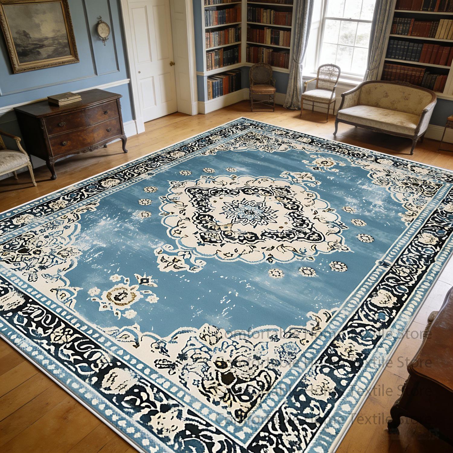 

Blue Retro Persian Large Living Room Carpet Decoration Balcony Easy Clean Fluffy Rug Non-slip Short Velvet Coffee Tables Mats 60x90cm