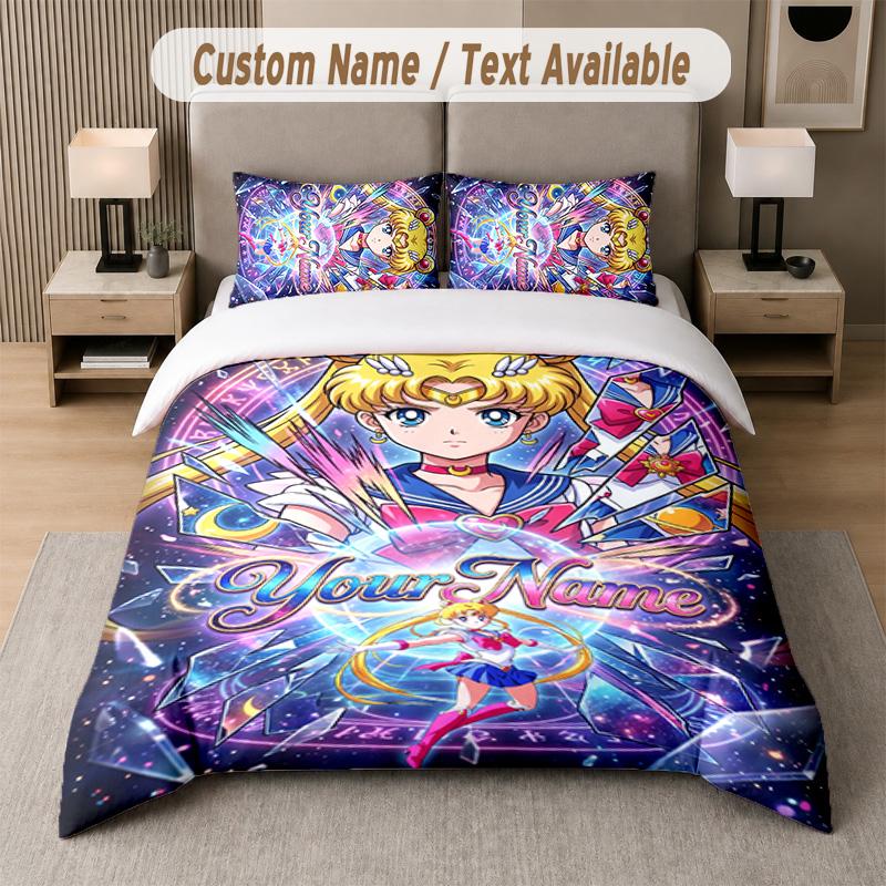 Sailor Moon 3Pcs Bedding Set, Personalized Custom Name Text, 1 Duvet Cover & 2 Pillowcases For Bedroom