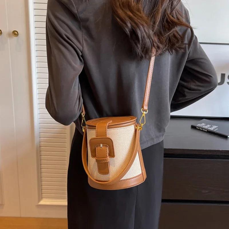 Luxury Retro Bucket Bag for Women  Autumn New Chic  Pluto Canvas Patchwork Elegant Feminine Crossbody Bags