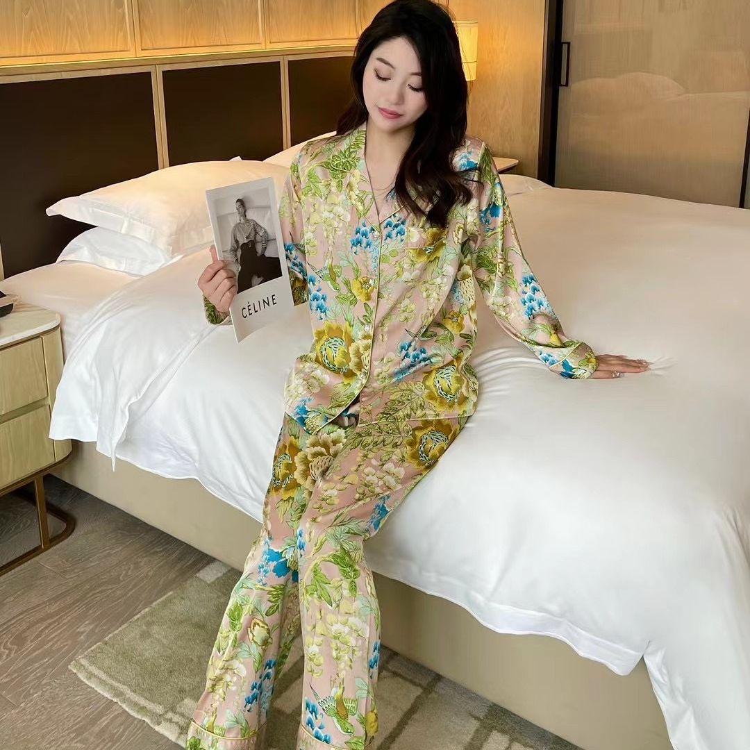 

Костюм с длинными рукавами, пижама из двух частей, новая пижама, женская атласная домашняя одежда, роскошная пижама с цветочным принтом, свободная домашняя одежда XL