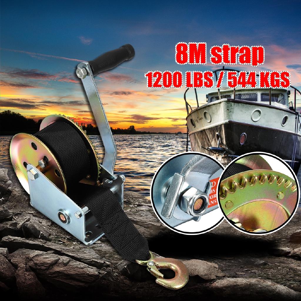 Black 1200LBS/544KGS Hand Winch Gear 2-Way Synthetic Boat Tailer Camper With 8M Strap