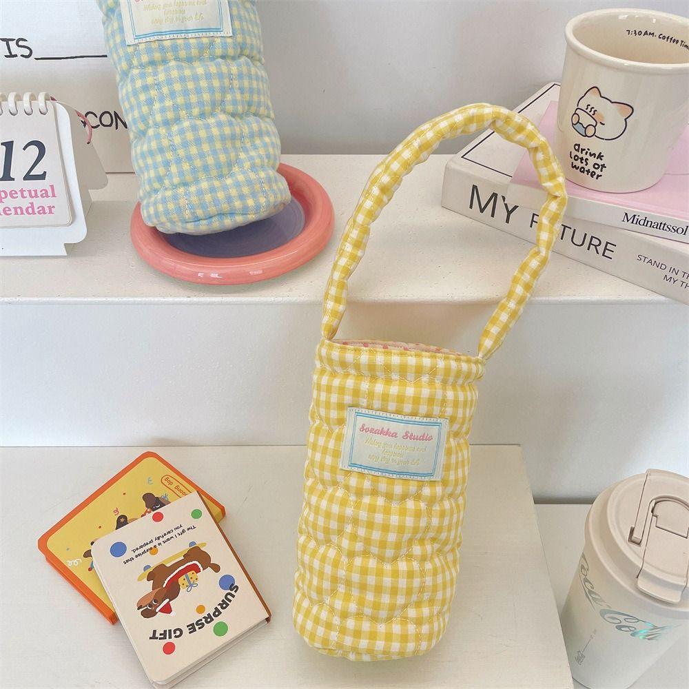 Plaid Design Water Bottle Protective Cover Heart Embroidery Thermos Cup Sleeve  For Men And Women
