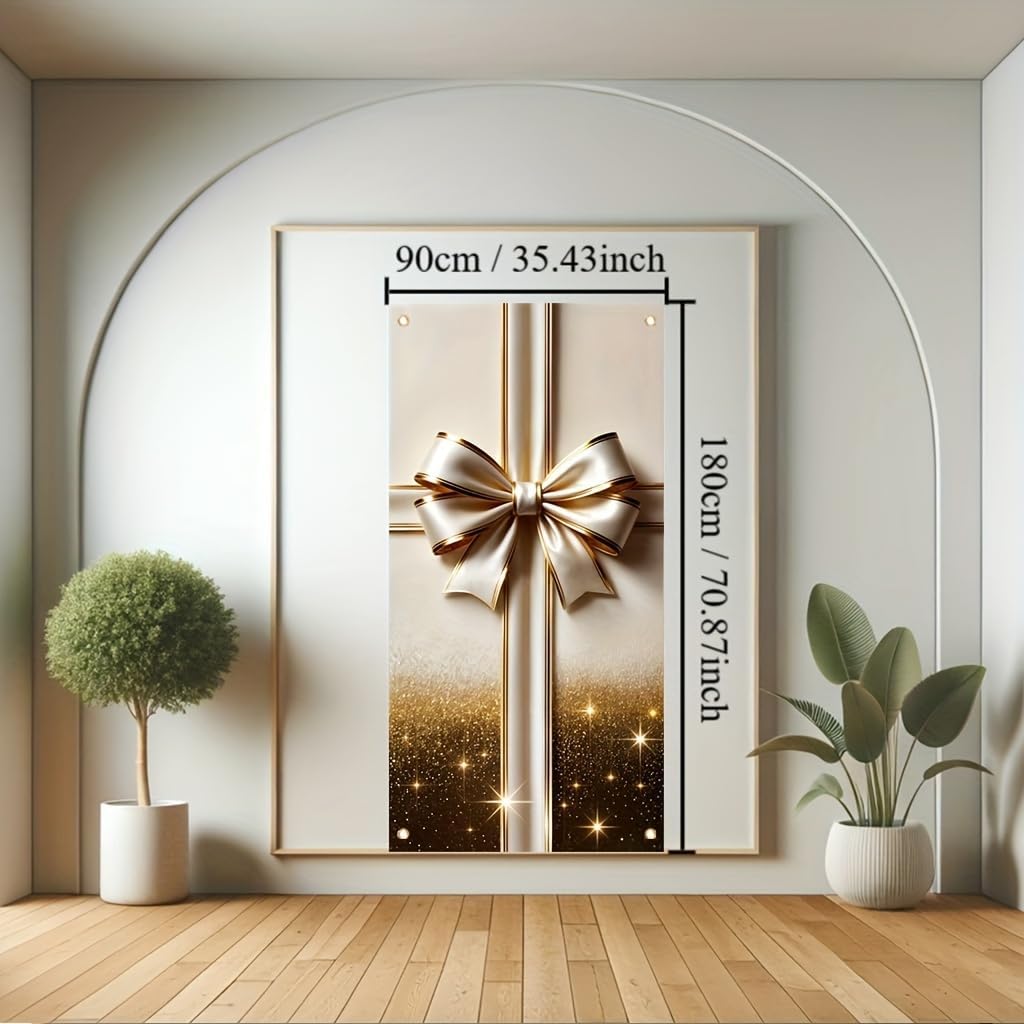 Door Cover Golden Gift Box Bow 71x35 Inch Decorative Holiday Front Door WrapChristmas Party Wedding Birthday Celebration Indoor Qutdoor Decoration