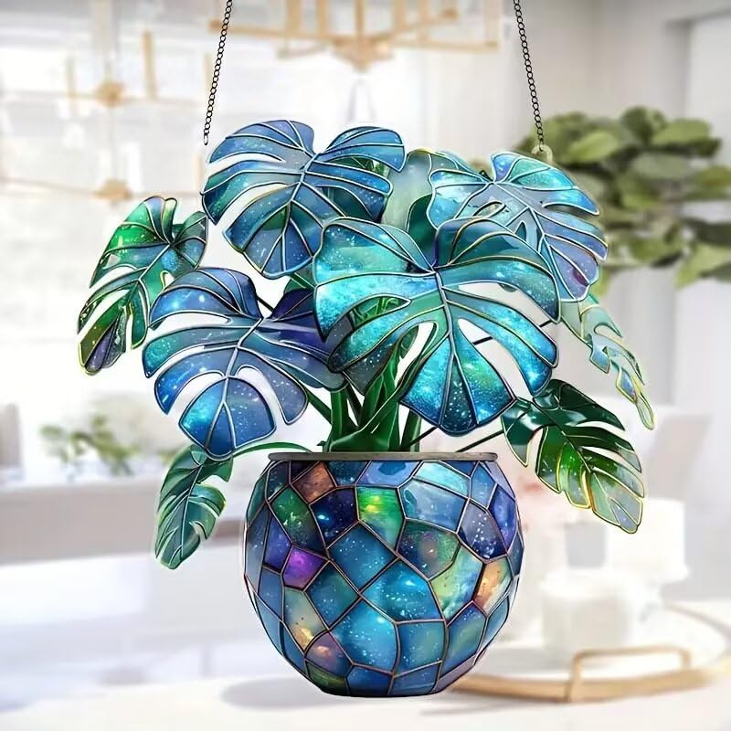Monstera Plant Colorful Acrylic Hanging Ornament Suncatcher - Effect Glass Imitation Window Hanging Decor, Vivid Garden & Home Ornament, Ideal Gift