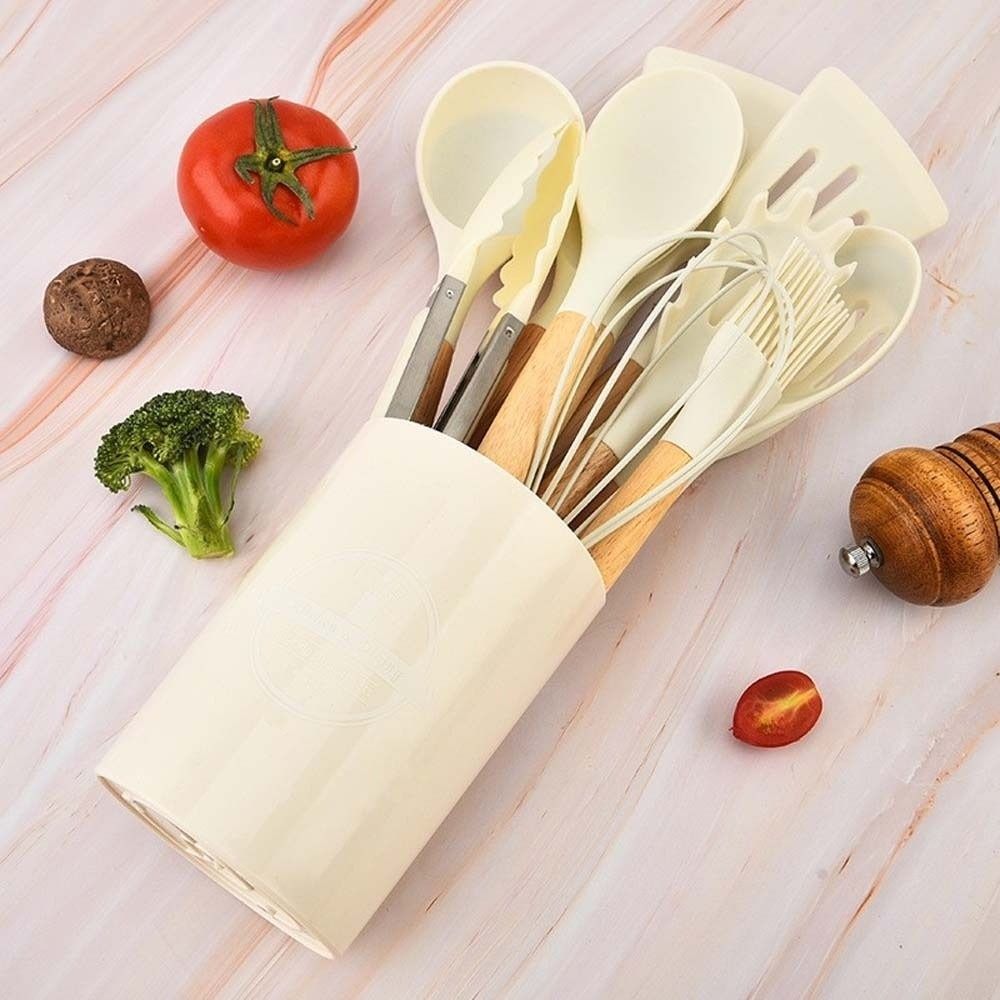 12pcs Heat-Resistant 12-piece Set Kitchen Utensils Multi-functional Save Space Silicone Kitchenware Set Wooden Handle