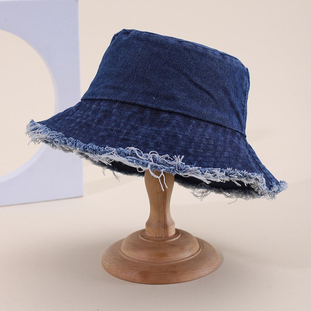 Vintage Frayed Decorative Denim Solid Bucket Hat for Women, Spring and Summer Sunshade, Sweet Pot Hat for the Face, Trendy and Trendy