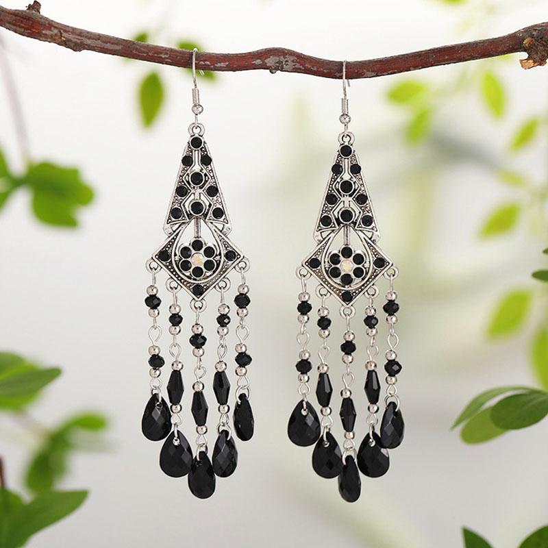 New Bohemian Rhinestone Water Drop Earrings for Women Ethnic Long Crystal Tassel Earring Party Vacation Jewelry