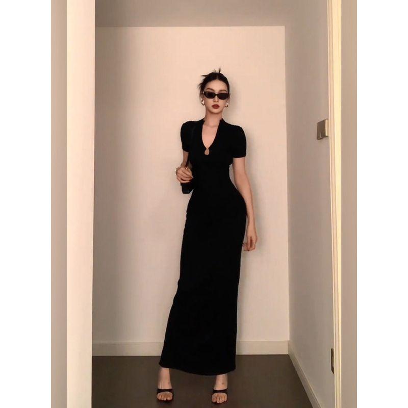 

Plus Size Sexy V-neck Sexy Waist-Tight Slim Looking Dress Black(In Stock) M