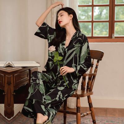Frühlings- und Herbstpyjamas für Damen aus Eisseide, dünner Pyjama, langärmeliges Set, Heimkleidungsset für Damen