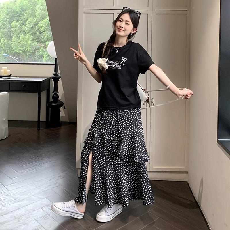 

Корейская ретро маленькая юбка в цветочек для женщин на лето новая с разрезом сбоку эластичная с высокой талией А-силуэта юбка-торт длинная L чёрный