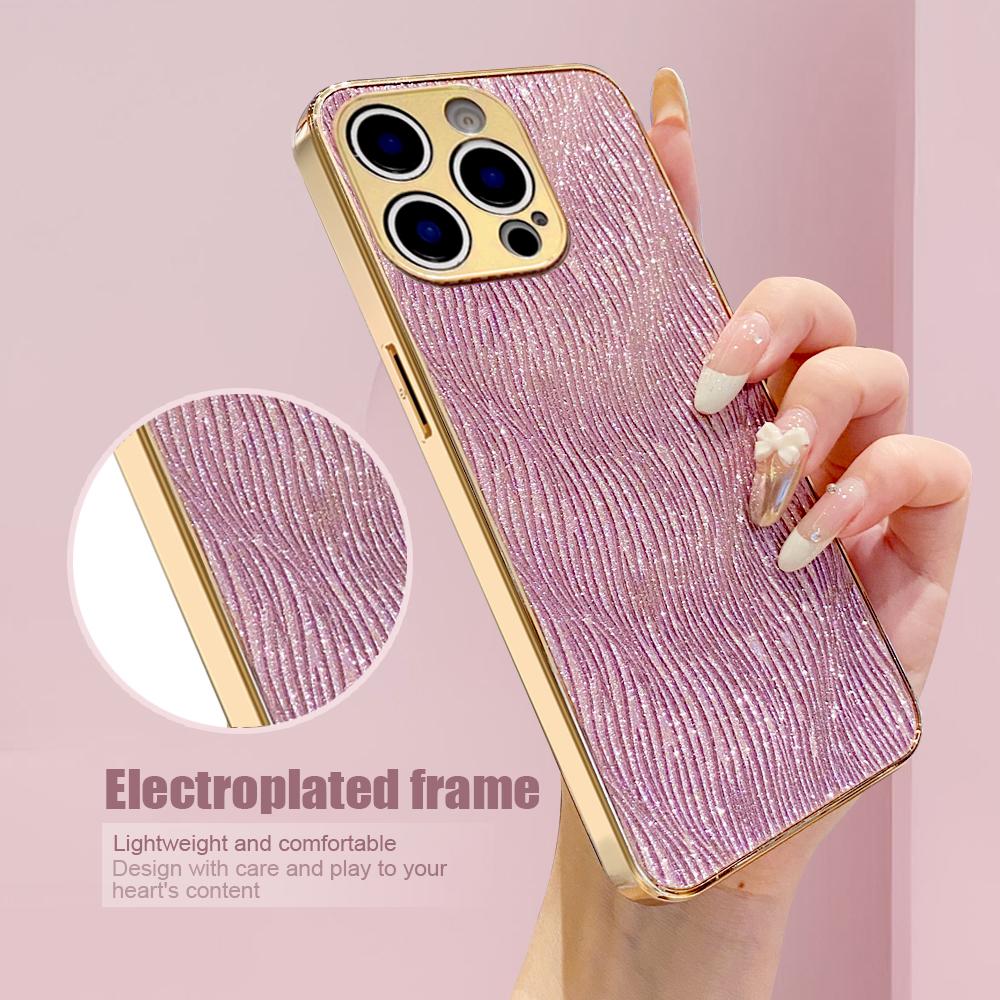 For iPhone 15 Pro Max Case Electroplating Ripple Texture PU+TPU+PC Phone Back Cover