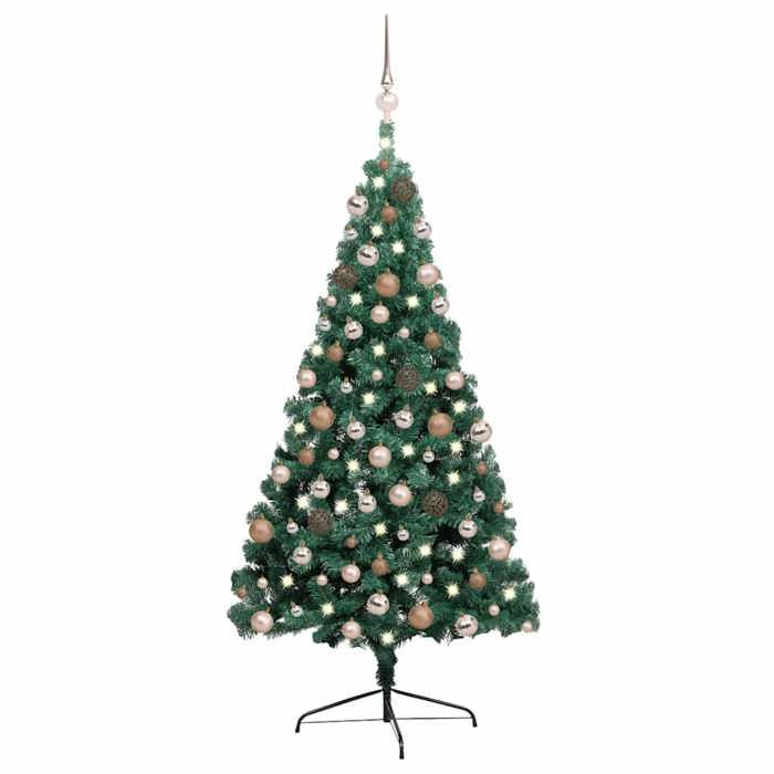 Maison Exclusive - Demi-arbre de Noël artificiel pré-éclairé et boules vert 240 cm