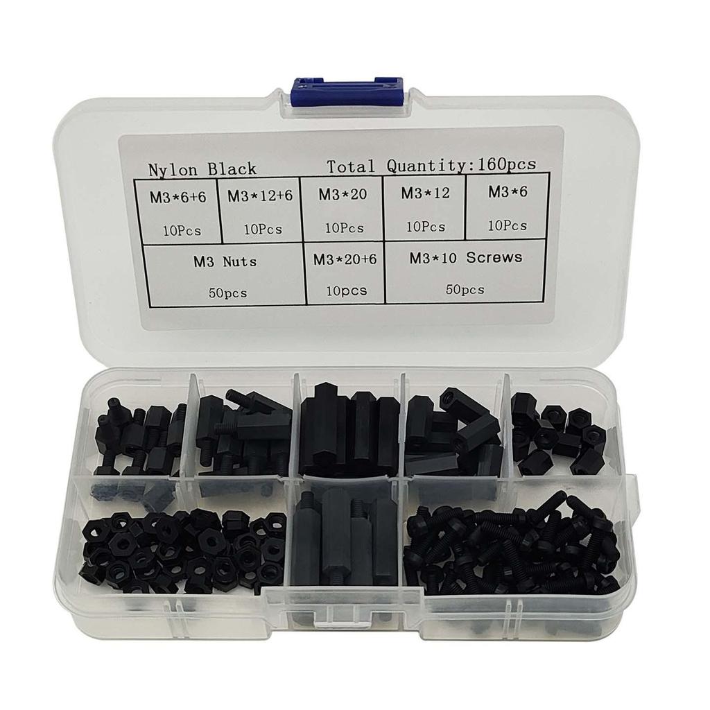 160pcs Black Nylon Screw and Standoff Set in Box