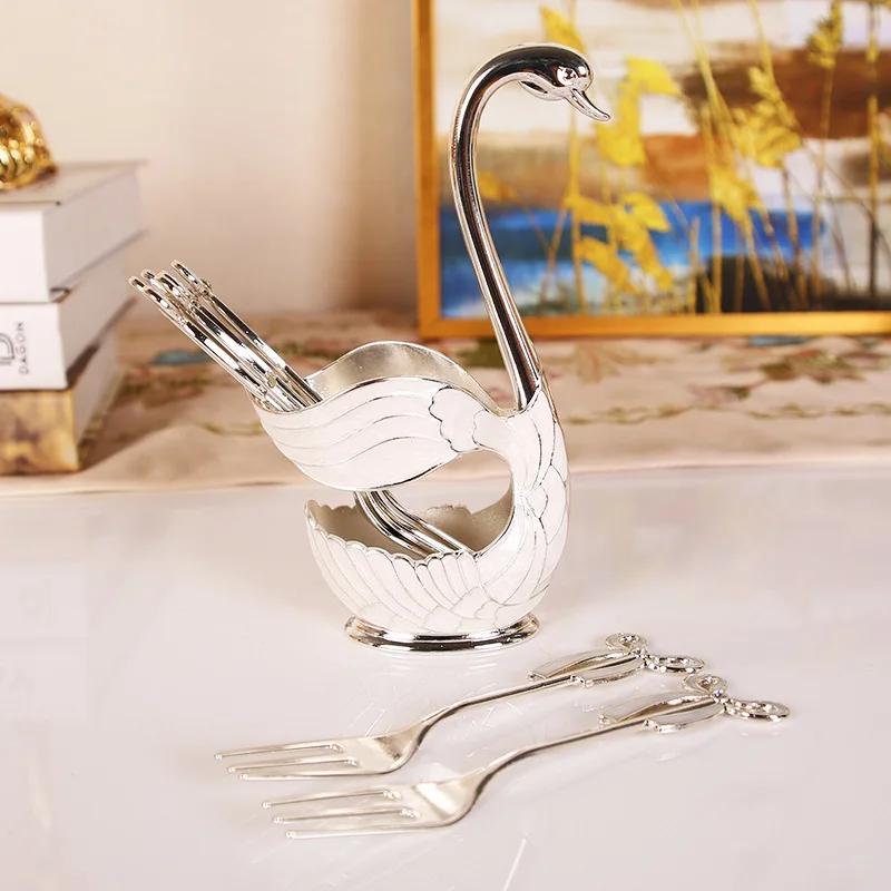 7pcs Swan Shaped Coffee Spoon, Fruit Spoon, Fork Set, Cute Swan Dessert Spoon Tableware Home Decor Elegant Atmosphere Decoration