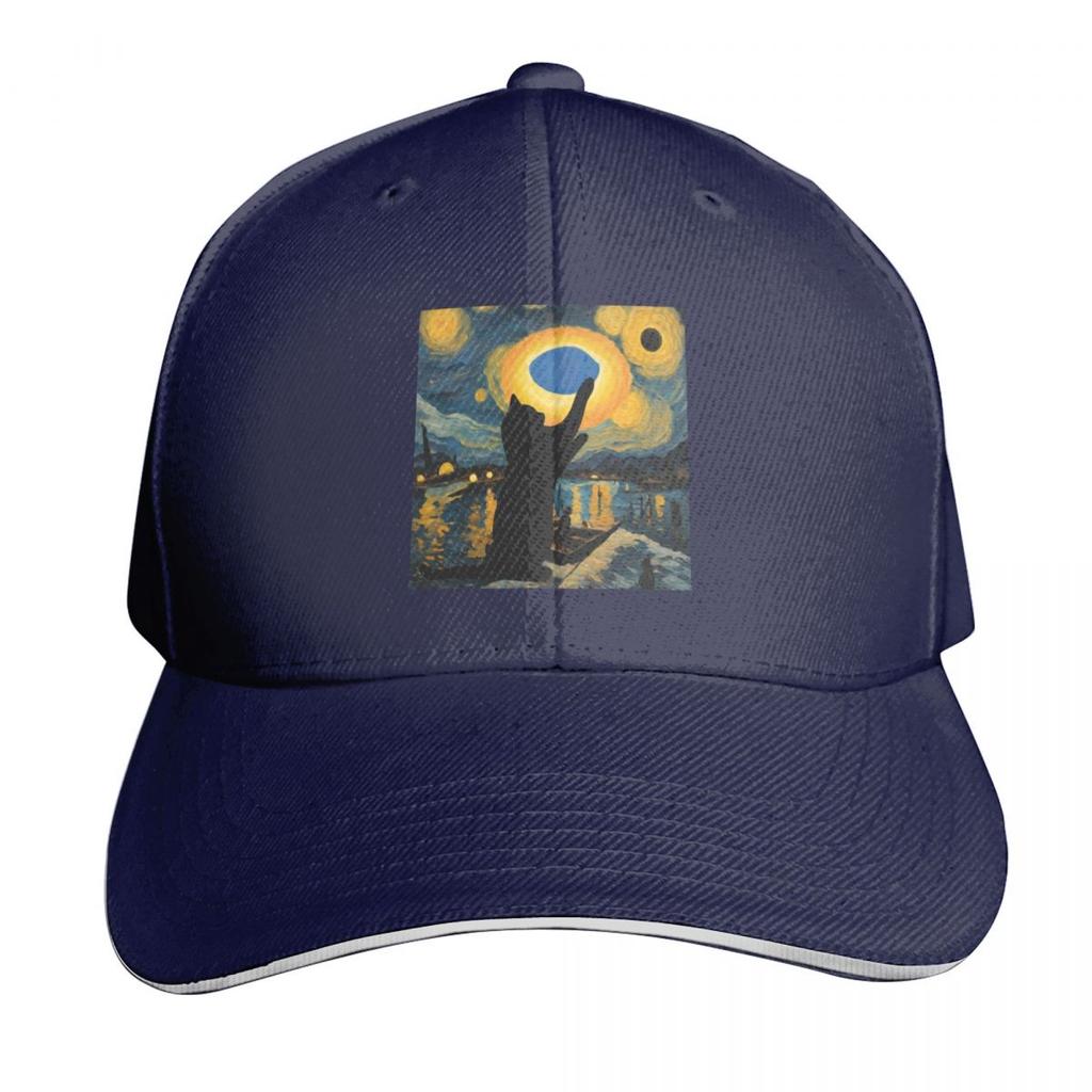 Solar eclipse Van Gogh style and my black cat in Texas Baseball Cap Unisex Women Casual Summer Sport Sun Cap