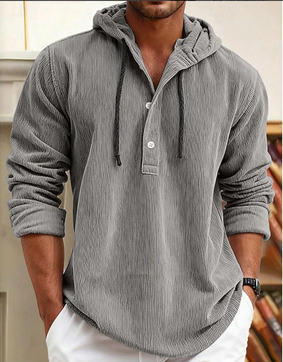 

Men s Corduroy Hooded Sweatshirt: 2025 European Long Sleeve, Half-Zip, Solid Color, Drawstring S сірий колір