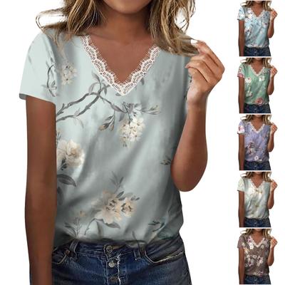 Summer Ladies V Neck Solid Color Lace Print Short Sleeve Lightweight Street Style Solid Color T-Shirt Top
