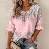 Women's Retro Floral Print Blouse with Ruffle Three-Quarter Sleeves and Tie Front