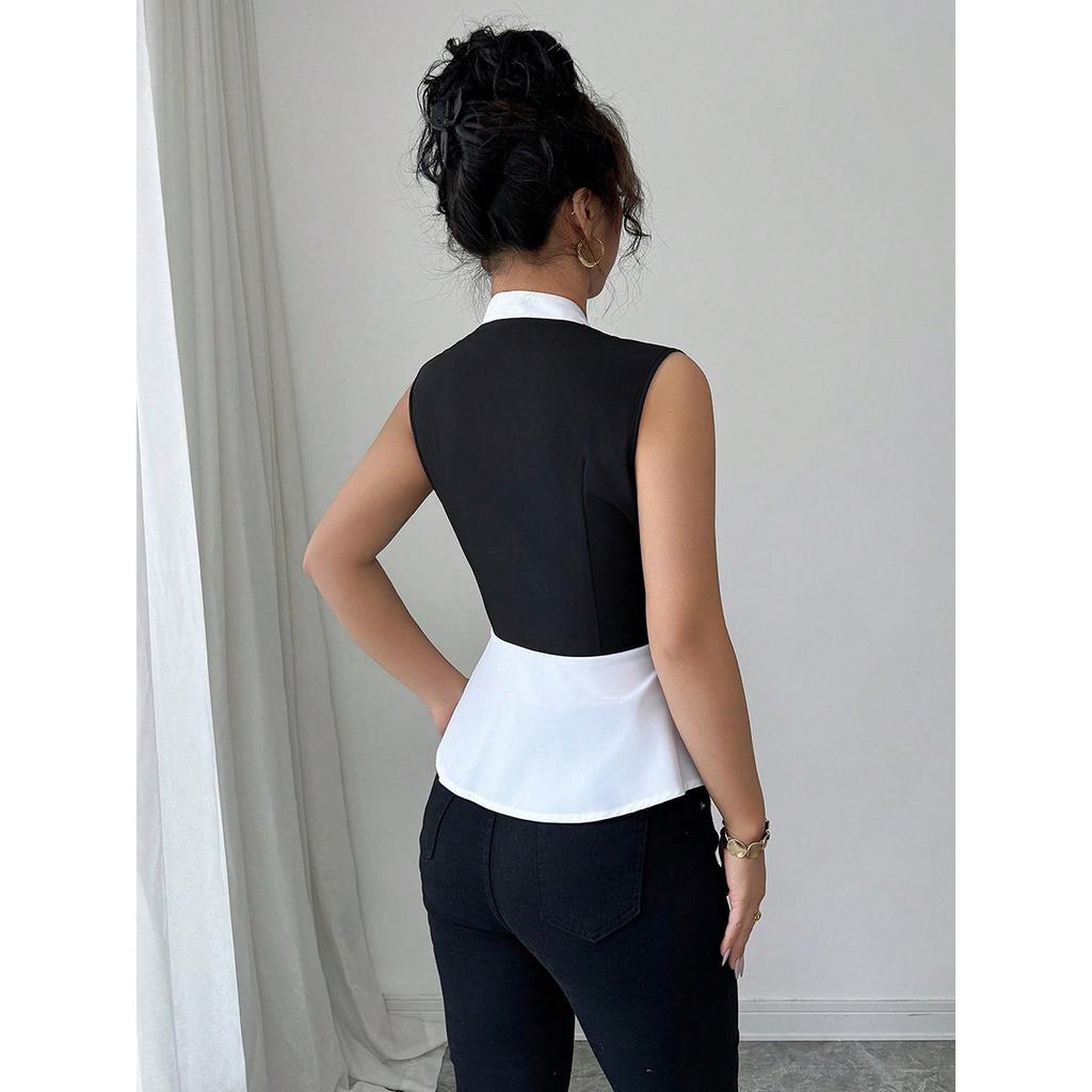 Summer New Women's Sleeveless Shirt, European American Commuter Style Fake Two-piece Cardigan Blouse Leisure Women