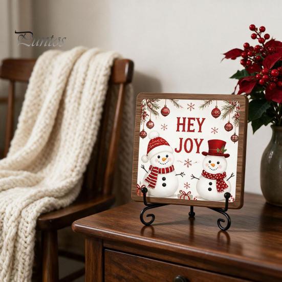 Christmas Hanging Ornament Wooden Tabletop Decor, 2D Pet Santa with Iron Stand, Rustic Festive Home Accents Holiday Sign for And Cafe Shelf,