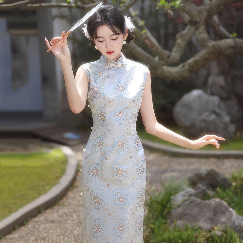 Blue Sleeveless Modern Chinese-Inspired Long Cheongsam Dress Women 2026 Stylish Retro Fit