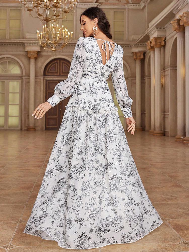 Women's European & American Fashion Chiffon Print Dress with Casual Back Tie and Long Sleeves for Evening Wear