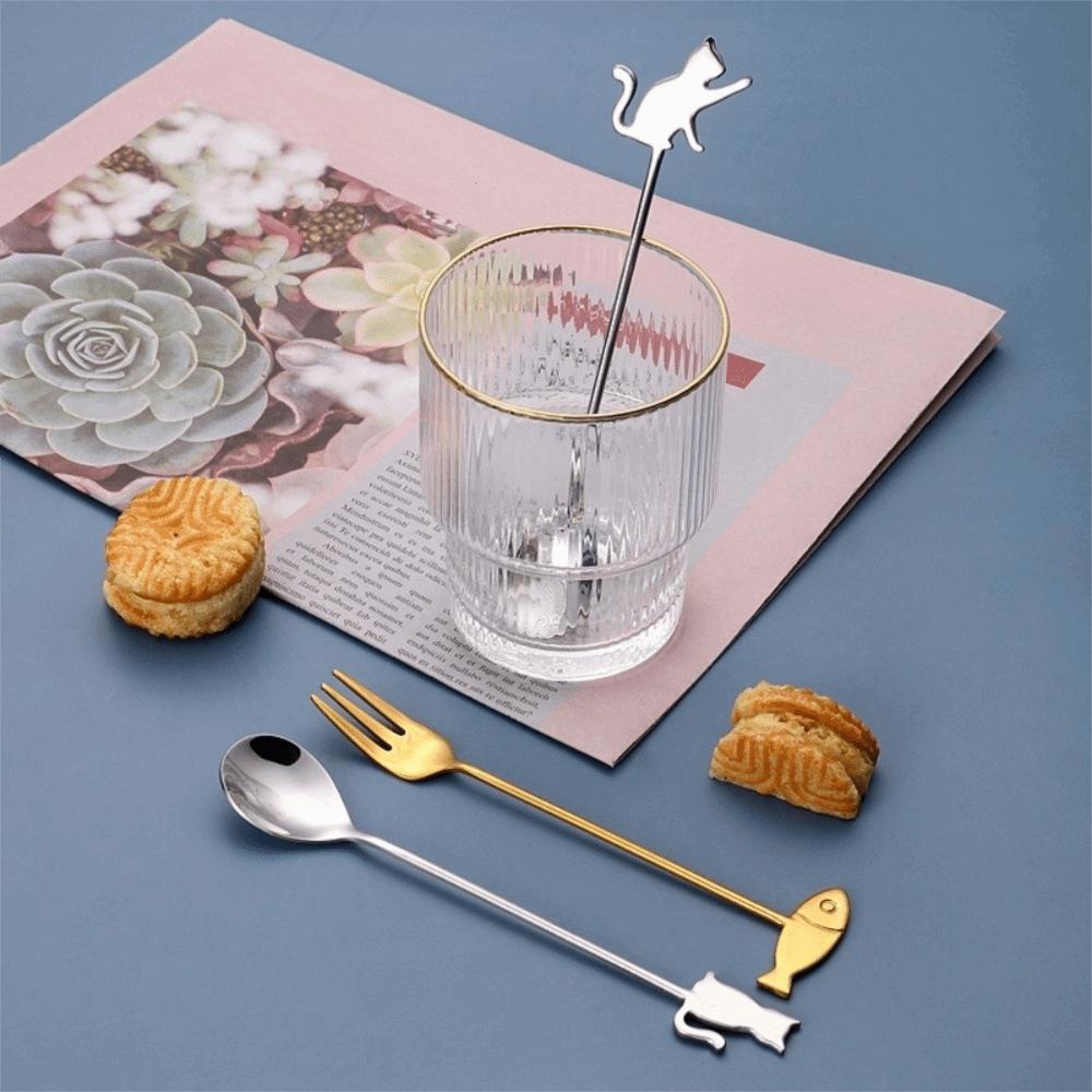 Cartoon Hanging Cup Teaspoons Stainless Steel Smooth Edges Coffee Stirring Spoon Cat Fish Design Milk Spoon Tea Preparation