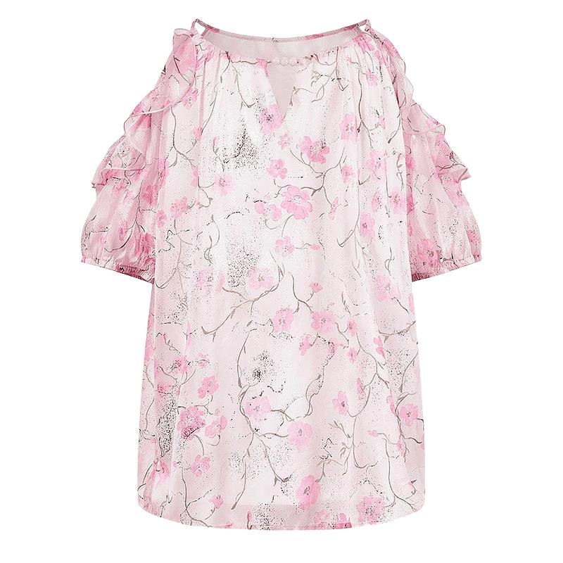 Qiushui Yiren Floral Print V-Neck Chiffon Blouse XL