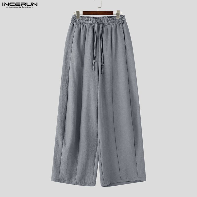 INCERUN Men Drawstring Elastic Waist Flimsy Drapey Casual Long Wide Leg Pants Trousers