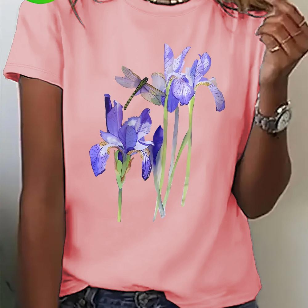 Solid color short sleeved T-shirt, purple iris and dragonfly print, retro floral print short sleeved T-shirt and round neck, women's T-shirt