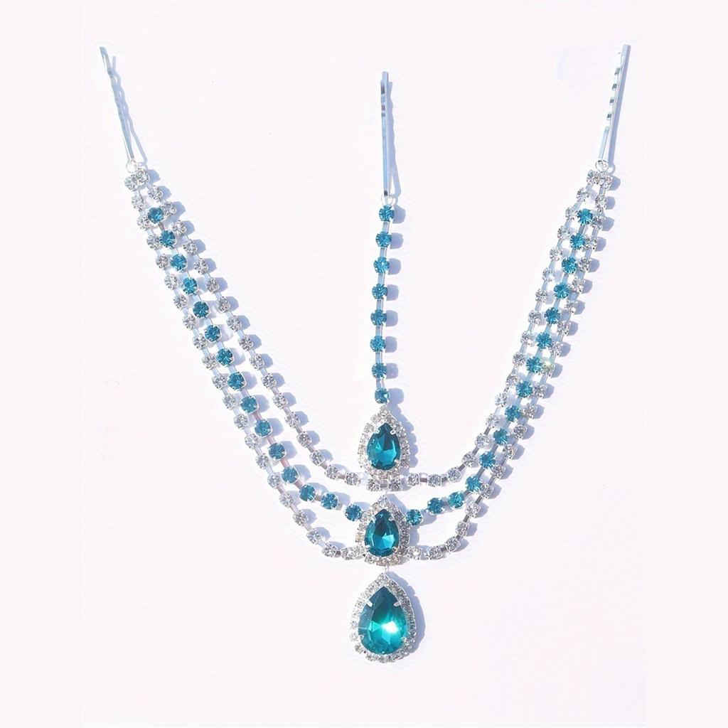 Popular Blue Gemstone Water Drop Pendant Head Chain, European And American Bride Zircon Forehead Chain Hair Chain Jewelry