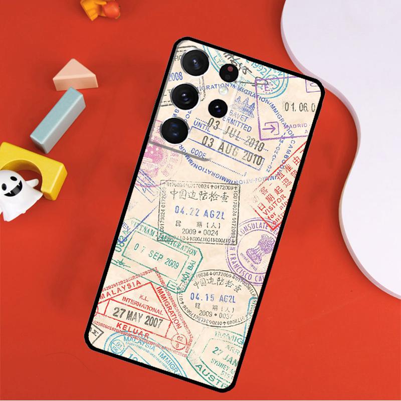 Retro Post Card Passport Stamps Phone Case For Samsung Galaxy S25 Ultra S9 S10 S20 S21 FE S22 S23 S24 Plus S24 Ultra Cover
