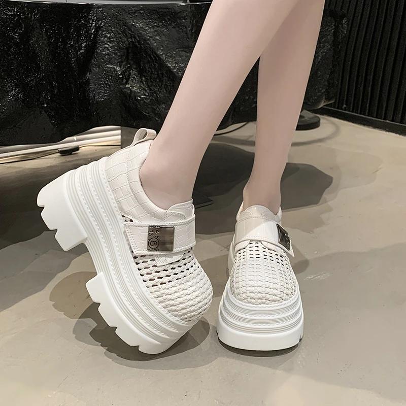 Fashion 8CM Women's Platform Slip-On Shoes Thick Bottom New Summer Hollow Leather Chunky Sneakers Breathable Outdoor High Heels Sandals