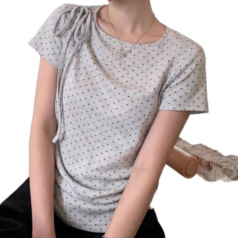 Pure desire gray polka dot strap front shoulder short-sleeved t-shirt women's summer new slim-fit short Korean Spice Girl top