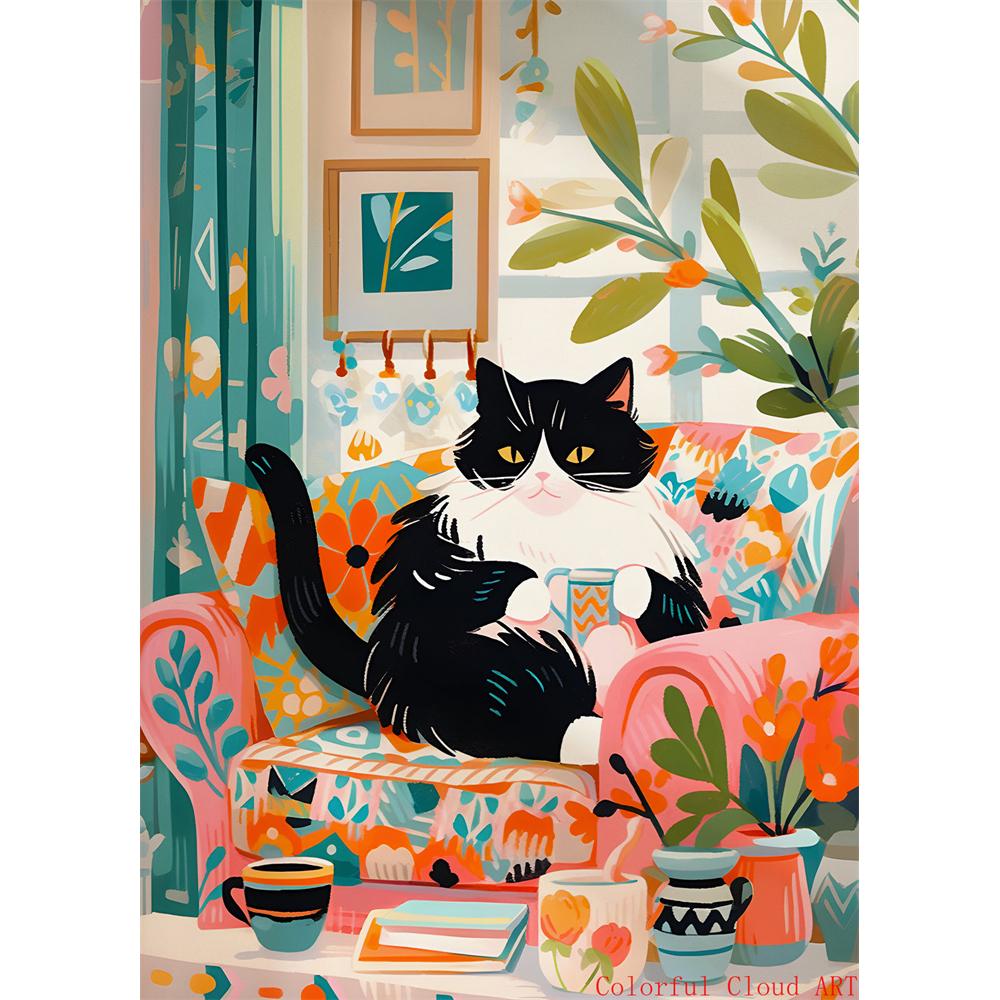 5D DIY Diamantmalerei Kreuzstich Stickerei Lustiges Tier Niedliche Schwarze Katze Weiße Katzen Vollrunde Bohrer Heimdekor Wandkunst Geschenk