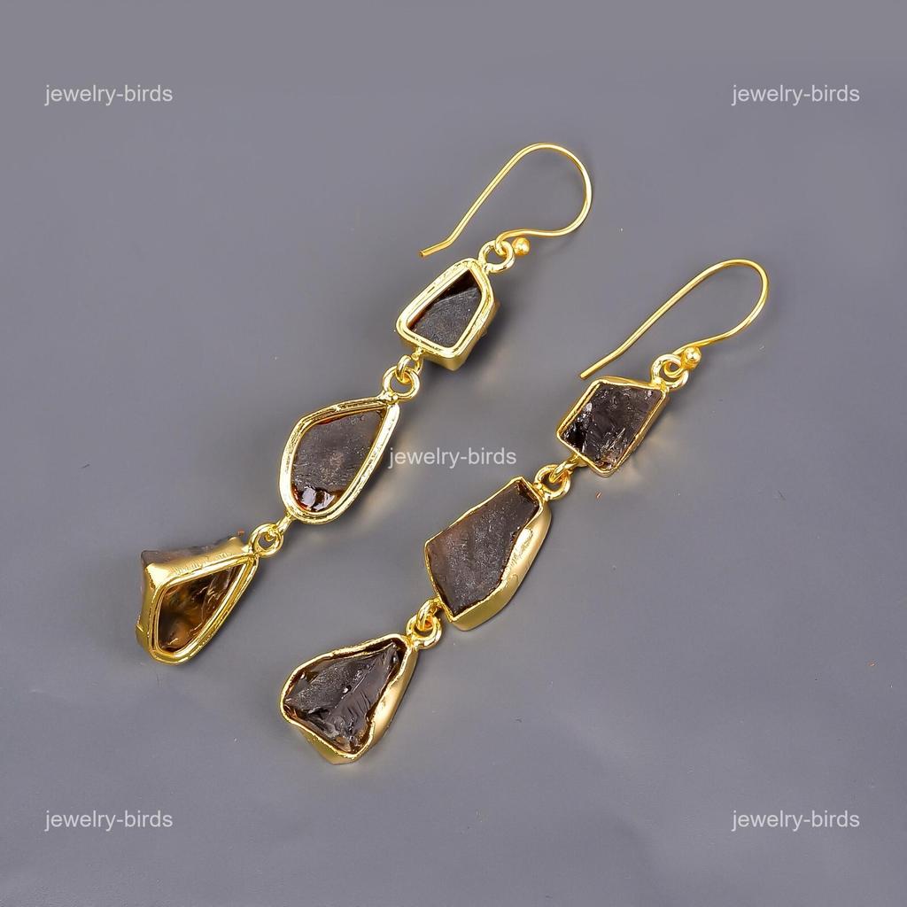 Smoky Quartz Gemstone Electroformed Drop Dangle New Earrings Jewelry Gold Plated V-114